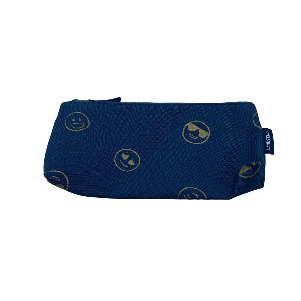 Lands' End Smiling Faces Pencil Bag‎ Pouch Blue 9.5" x 5"